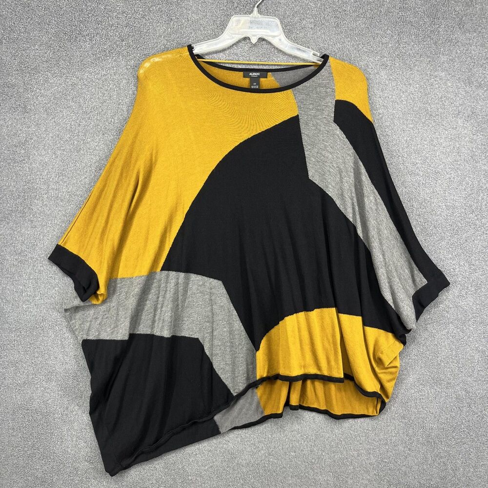Alfani Woman‎ Sweater Womens 2X Black Gray Yellow Poncho Dolman Colorblock Knit